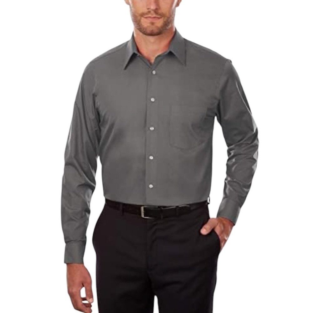 Van Heusen Men Regular Fit Long Sleeve Gray Dress Shirt Lux Sateen 17 1/2 34/35